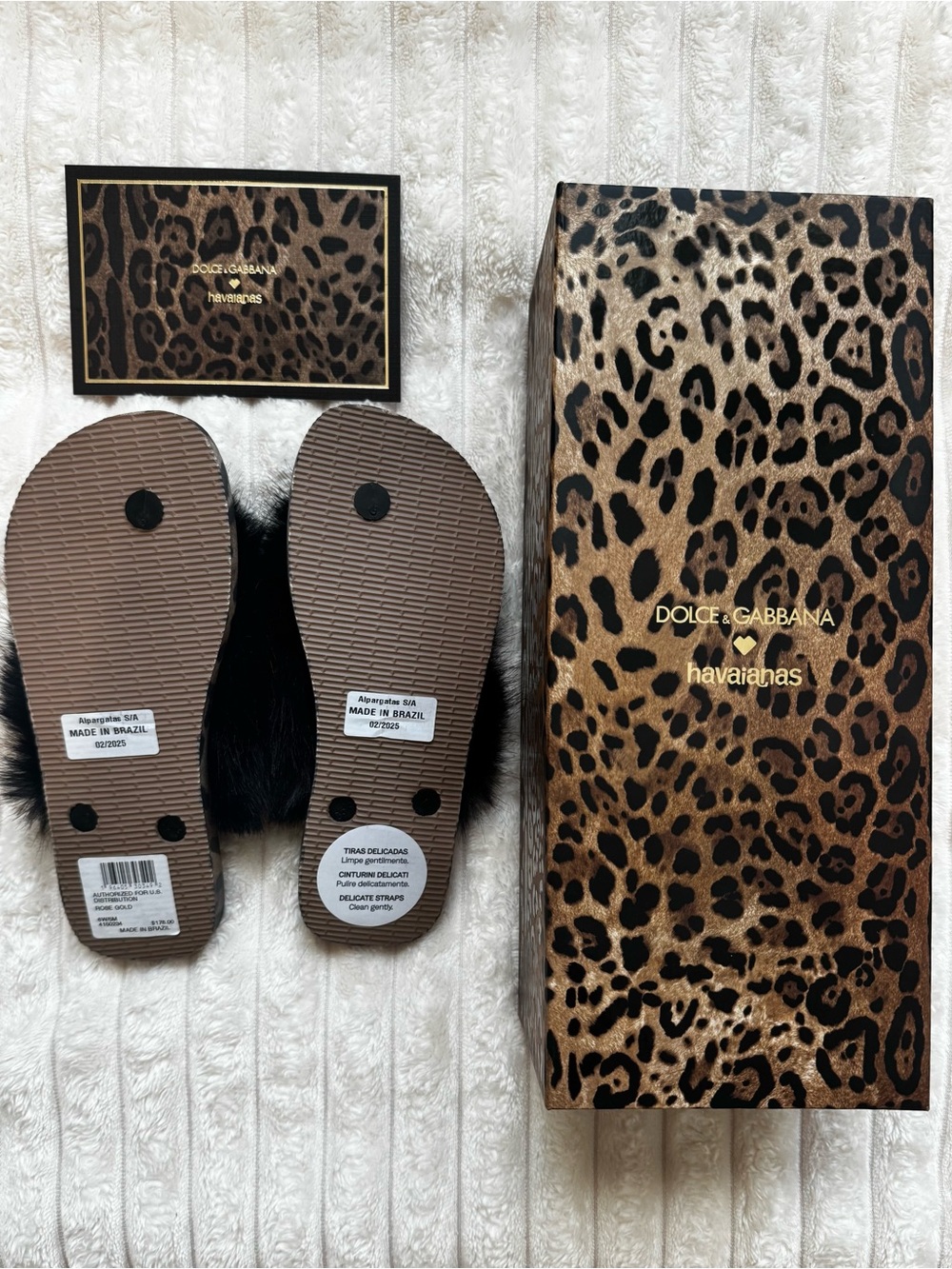 Havaianas Leopard Print Faux Fur Slide Sandals with Black Fur - Picture 2 of 4